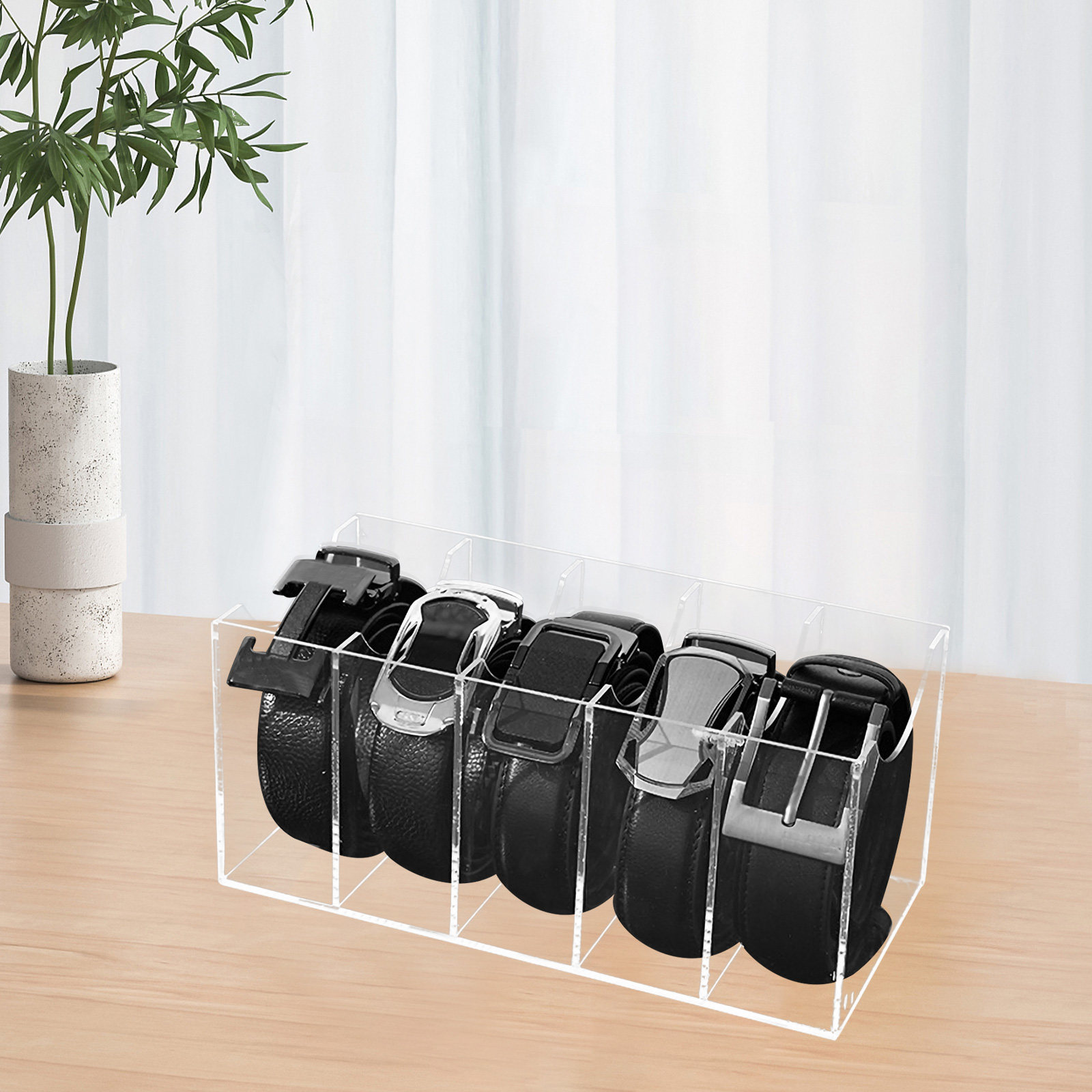 Men Accessories Box - 5-Compartment Transparent Belt Organizer Acrylic Storage